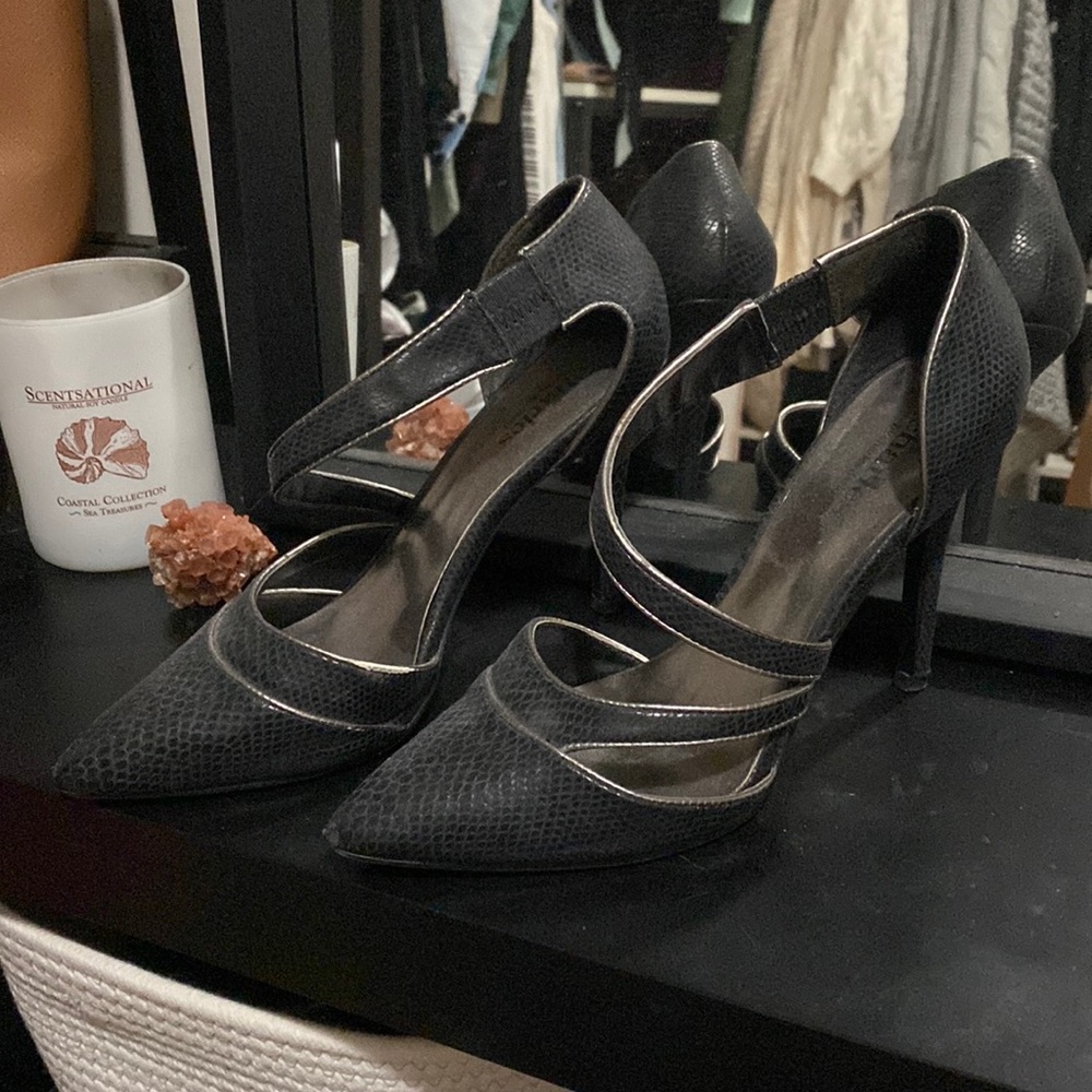 Black strappy pointed toe stiletto heels